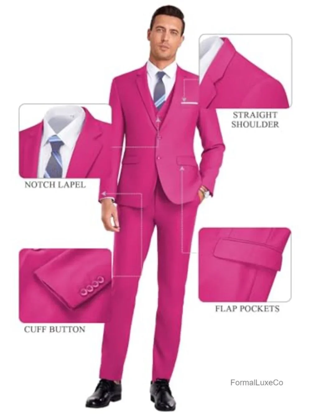Men's 3-Piece Slim Fit Suit with Vest & Tie, Notched Lapel, 80% Polyester 20%
